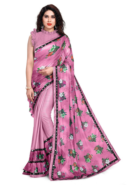 

KALINI Pink & Green Floral Mirror Work Bagh Saree