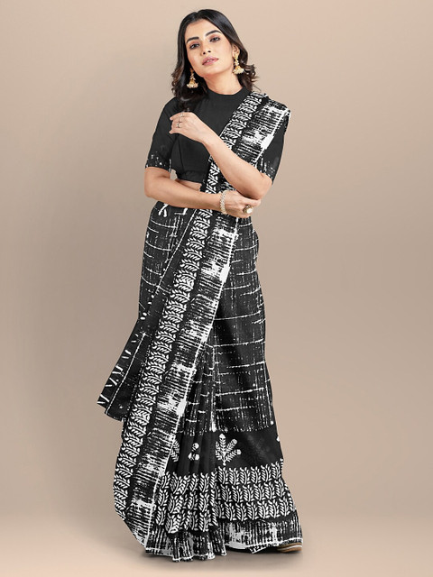 BharatSthali Black & White Embellished Pure Cotton Block Print Saree