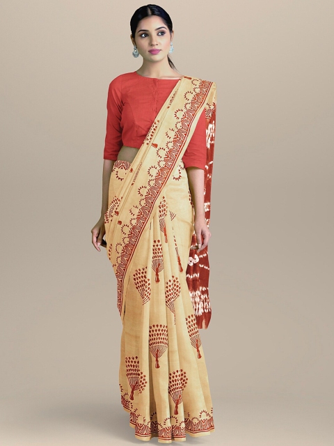 

BharatSthali Beige & Red Ethnic Motifs Pure Cotton Block Print Saree