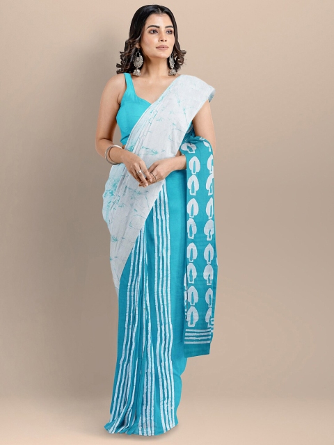 

BharatSthali Blue & White Pure Cotton Block Print Saree