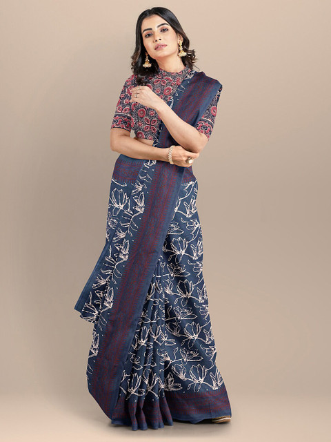 

BharatSthali Blue & White Floral Pure Cotton Block Print Saree