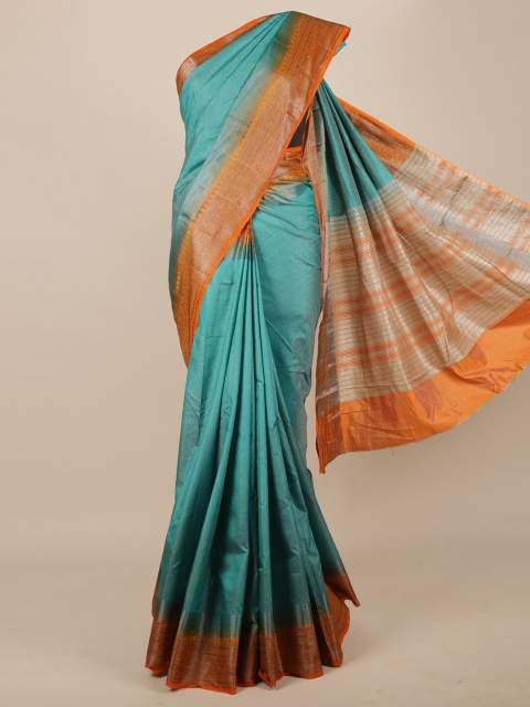 

Pothys Blue & Orange Ethnic Motifs Zari Jute Silk Saree