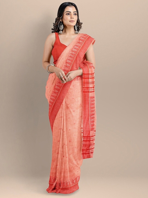 

BharatSthali Peach-Coloured & Red Woven Design Pure Cotton Block Print Saree