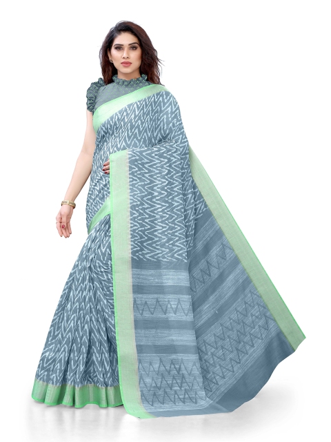

KALINI Grey & Green Printed Poly Cotton Saree