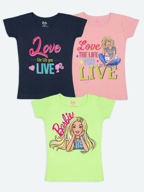 

Barbie Girls Pack Of 3 Multicoloured Barbie Graphic Printed Cotton Pure Cotton T-shirts, Green