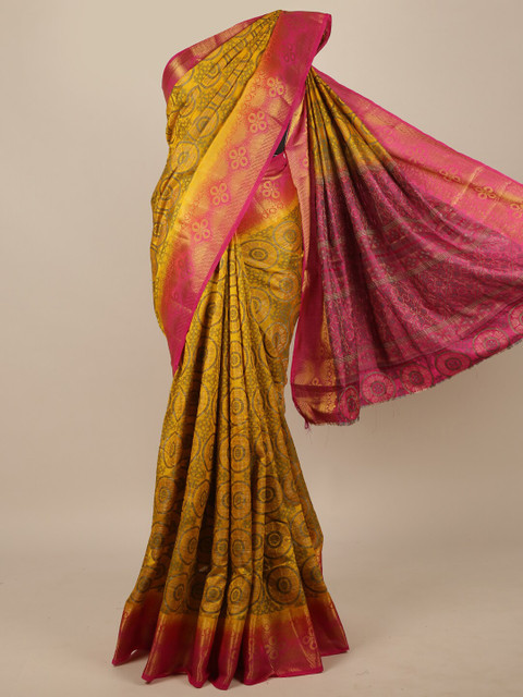 

Pothys Mustard & Pink Ethnic Motifs Jute Silk Saree