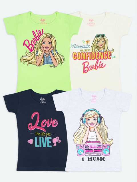 

Barbie Girls Pack Of 4 Barbie Printed Pure Cotton T-shirt, Lime green