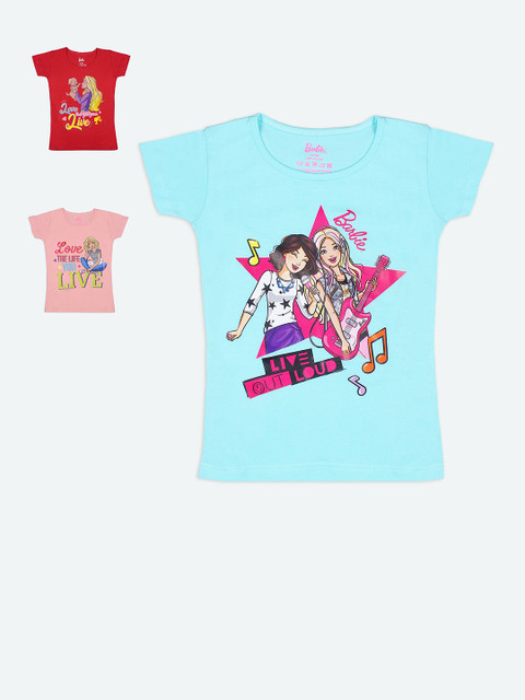 

Barbie Girls Pack Of 3 Barbie Printed Pure Cotton T-shirts, Red