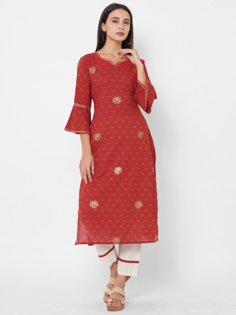 

FASHOR Women Red Ethnic Motifs Printed Pure Cotton Kurta with Pyjamas