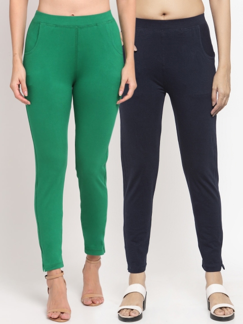 

NEUDIS Women Pack Of 2 Solid Straight-Fit Ankle-Length Leggings, Green