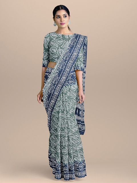 

BharatSthali Grey & White Floral Pure Cotton Block Print Saree