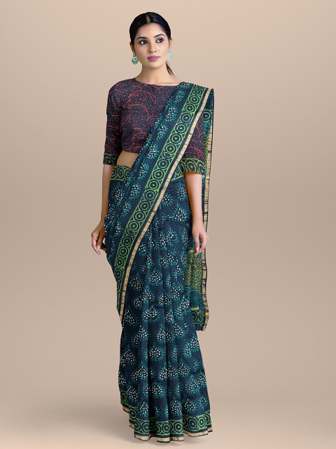 

BharatSthali Blue & White Ethnic Motifs Zari Silk Cotton Chanderi Saree