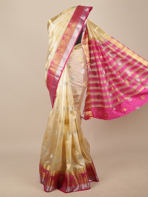 

Pothys Cream-Coloured & Pink Woven Design Zari Jute Silk Saree