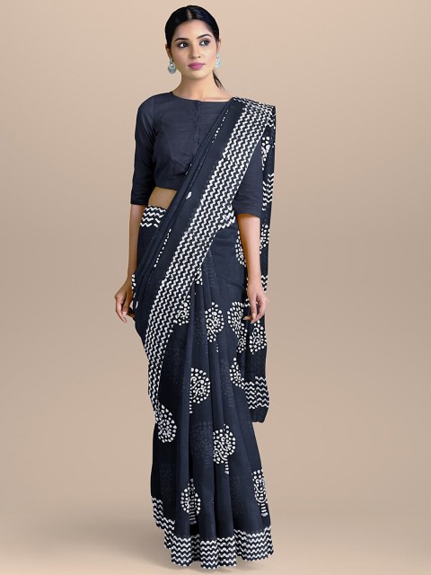 

BharatSthali Navy Blue & White Ethnic Motifs Pure Cotton Block Print Saree