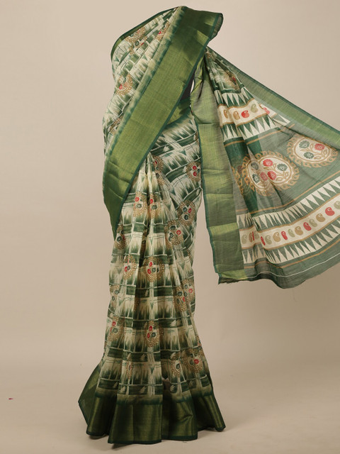 

Pothys Off White & Green Ethnic Motifs Zari Saree