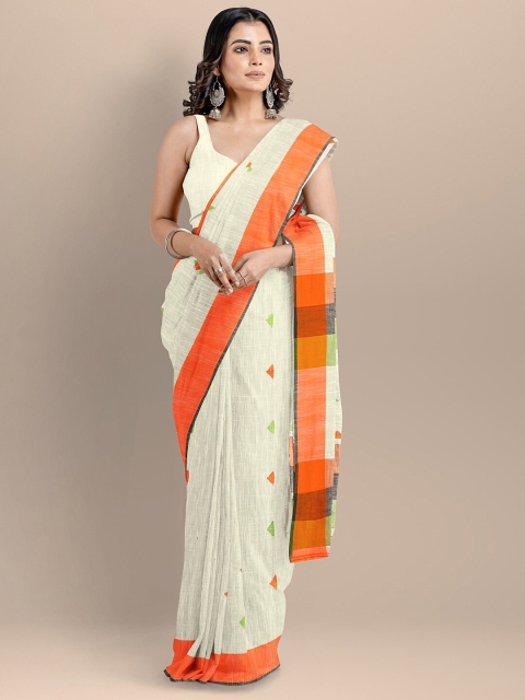 

BharatSthali White & Orange Woven Design Pure Cotton Taant Saree