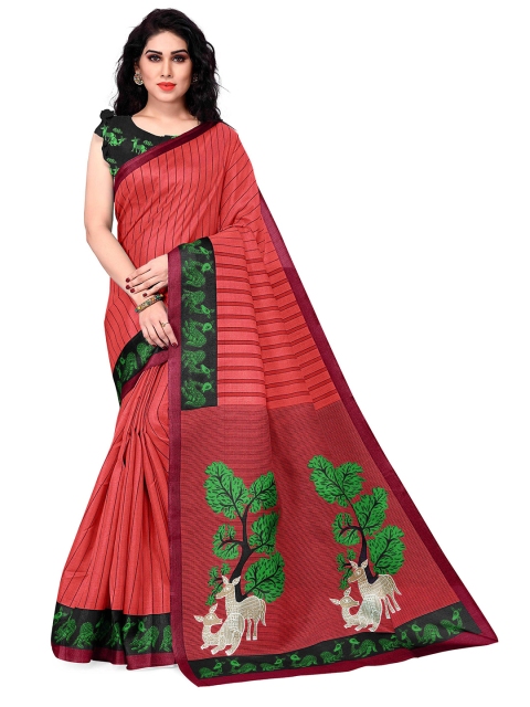 

KALINI Red & Green Striped Art Silk Saree