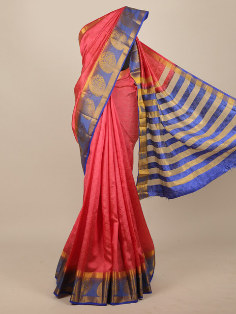 

Pothys Coral & Blue Floral Zari Jute Silk Saree