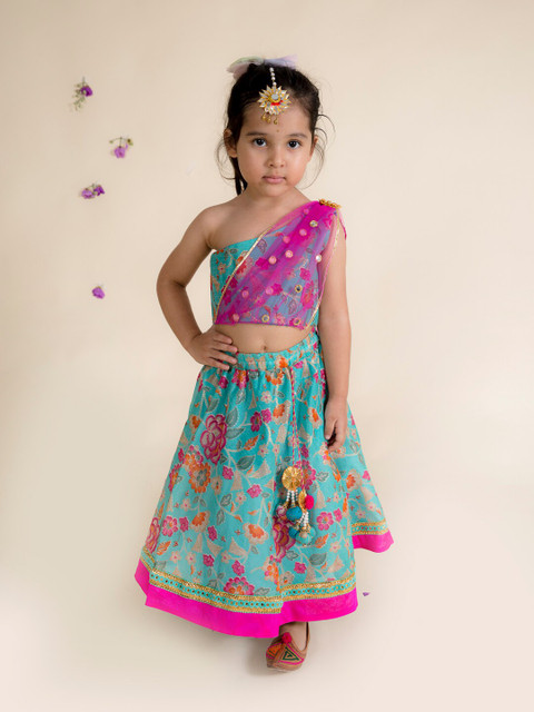 

pspeaches Girls Turquoise Blue & Magenta Lehenga Choli Set