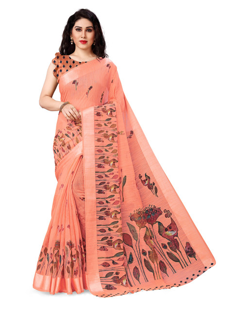 

KALINI Peach-Coloured & Green Floral Saree