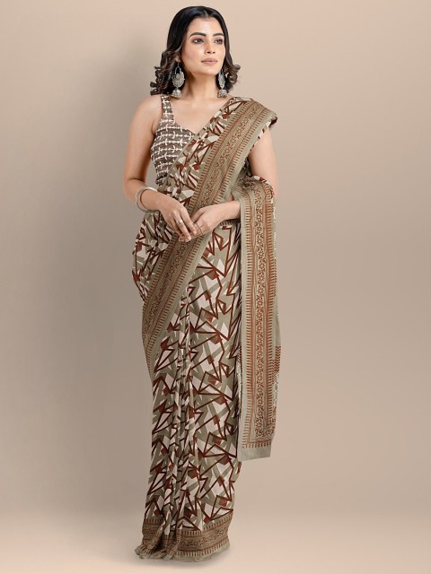 

BharatSthali Brown & Green Pure Cotton Block Print Saree