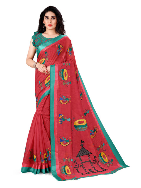 

KALINI Red & Teal Blue Warli Printed Saree