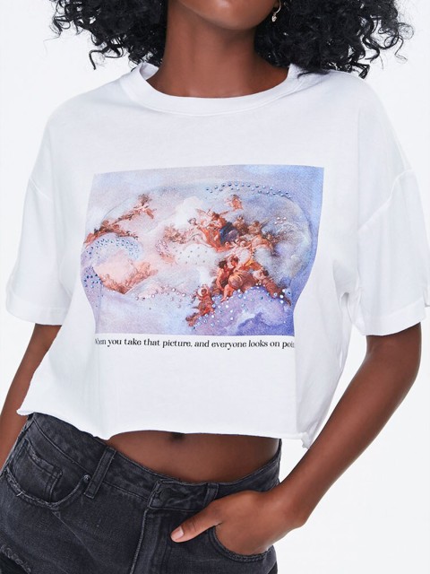

FOREVER 21 Women White Graphic Printed Boxy Crop Top