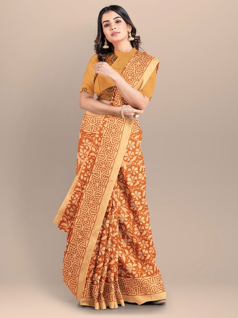 

BharatSthali Cream-Coloured & Orange Floral Pure Cotton Block Print Saree