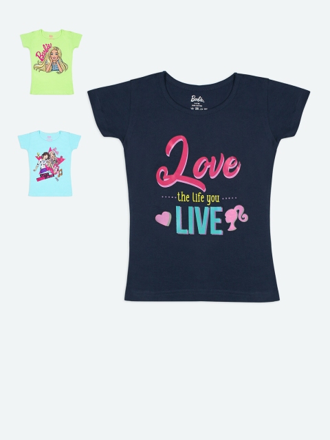 

Barbie Girls Blue Lime green, Peach& Navy Blue Pack of 4 Typography Printed T-shirt