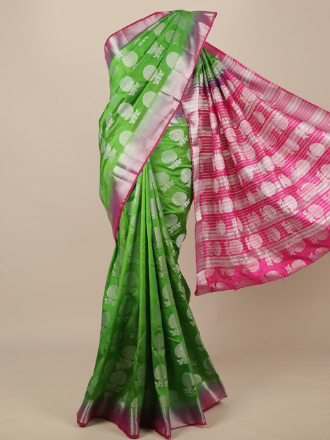 

Pothys Green & Pink Floral Zari Jute Silk Saree