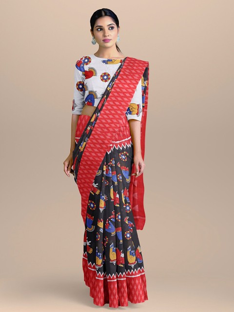 

BharatSthali Black & Blue Ethnic Motifs Pure Cotton Block Print Saree