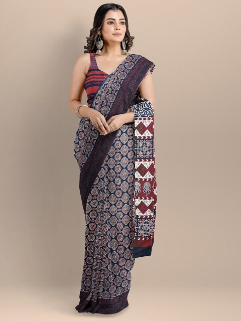 

BharatSthali Navy Blue & White Ethnic Motifs Pure Cotton Block Print Saree