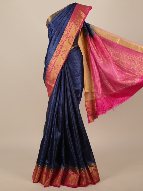

Pothys Navy Blue & Pink Floral Jute Silk Saree