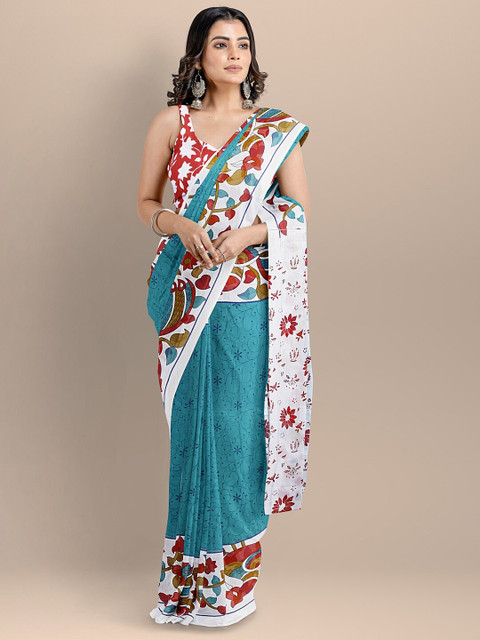 

BharatSthali White & Turquoise Blue Floral Pure Cotton Block Print Saree