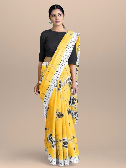 

BharatSthali Yellow & White Tie and Dye Pure Cotton Block Print Saree