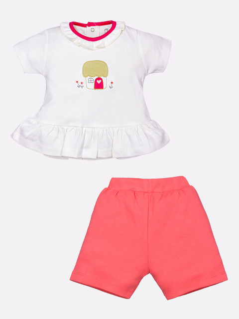 

BABY GO Girls White & Coral Printed Top with Shorts