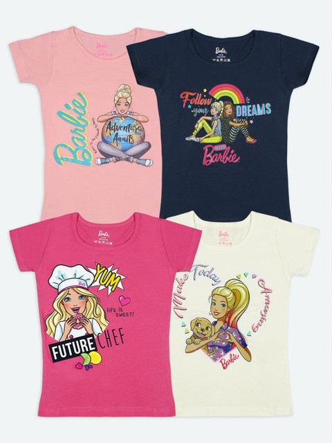 

Barbie Girls Set of 4 Multicoloured Printed Pure Cotton T-shirts, Multi