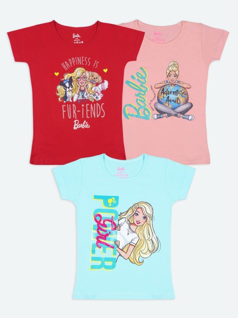 

Barbie Girls Pack Of 3 Barbie Printed Cotton Pure Cotton T-shirts, Red