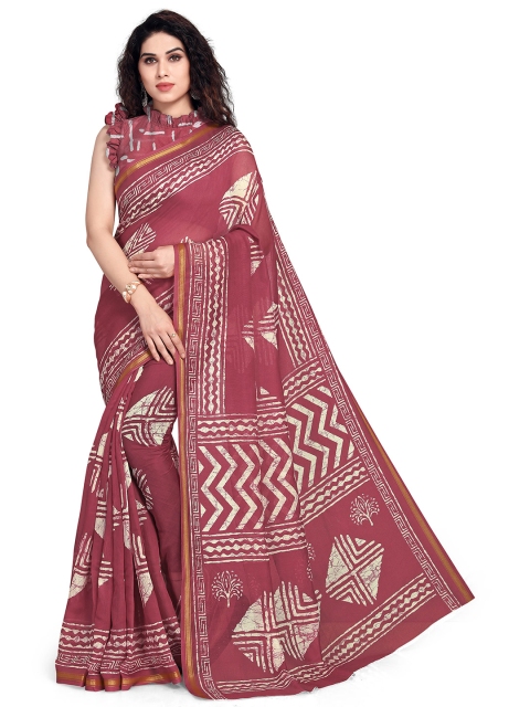 

KALINI Pink & Off White Zari Block Print Saree