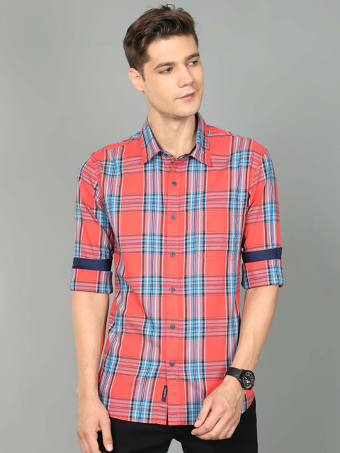 

HERE&NOW Men Peach-Coloured Slim Fit Tartan Checks Checked Casual Shirt