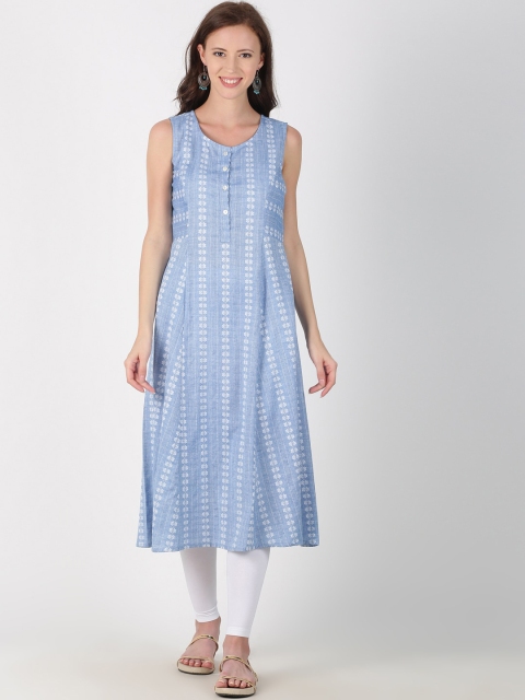 

Saffron Threads Women Blue Pure Cotton Dobby Woven Design A Line Kurta