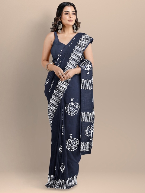 

BharatSthali Navy Blue & White Batik Pure Cotton Block Print Saree
