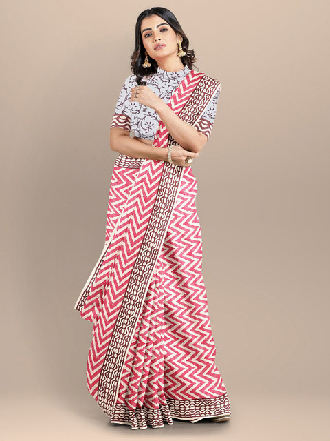 

BharatSthali Pink & White Pure Cotton Block Print Saree