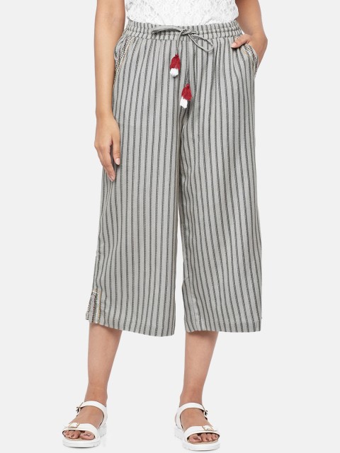 

People Women Grey Striped Straight Fit High-Rise Parallel Trousers