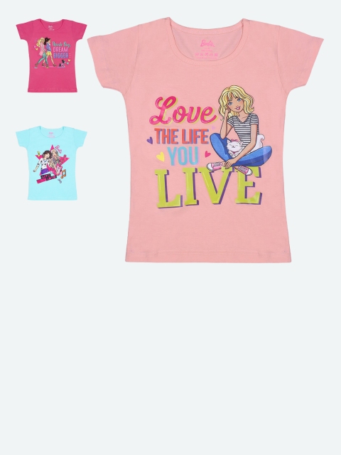

Barbie Girls Pink, Peach & Blue Pack of 3 Printed Applique T-shirt, Multi
