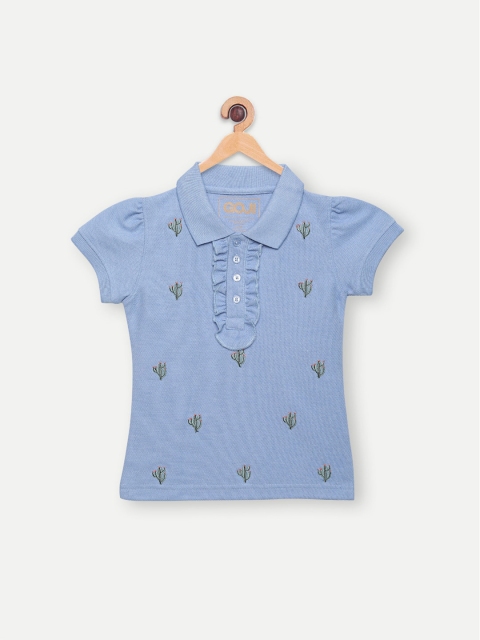

GOJI Girls Blue Printed Polo Collar T-shirt