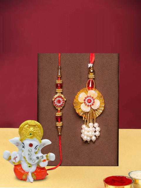 

TIED RIBBONS Red & White Bhaiya Bhabhi Lumba Rakhi with Ganesha Idol Combo Gift Set