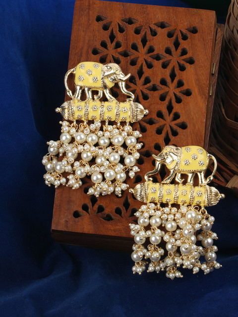 

ANIKAS CREATION Yellow Contemporary Pearl Drop Earrings