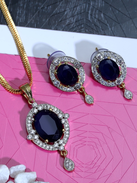 

ANIKAS CREATION Gold-Plated Blue & White AD-Studded Party Wear Jewellery Set