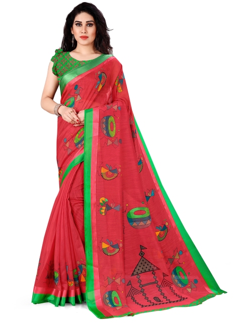

KALINI Red & Green Warli Printed Poly Cotton Saree